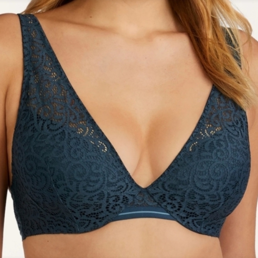 THIRD LOVE Artisan Lace Plunge Bra 38H Navy Blue